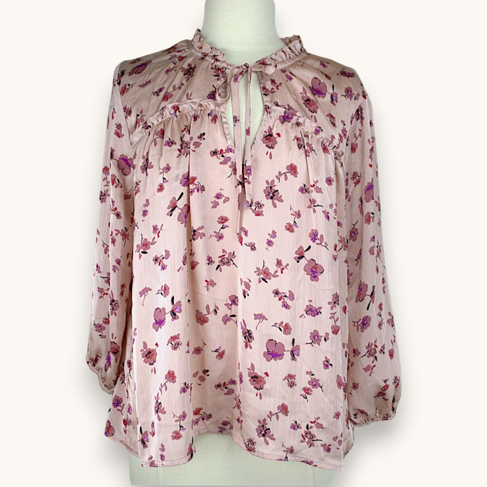 Anthropologie Lovestitch Blush Pink Floral Boho Blouse Tie Neck Long Sleeve M